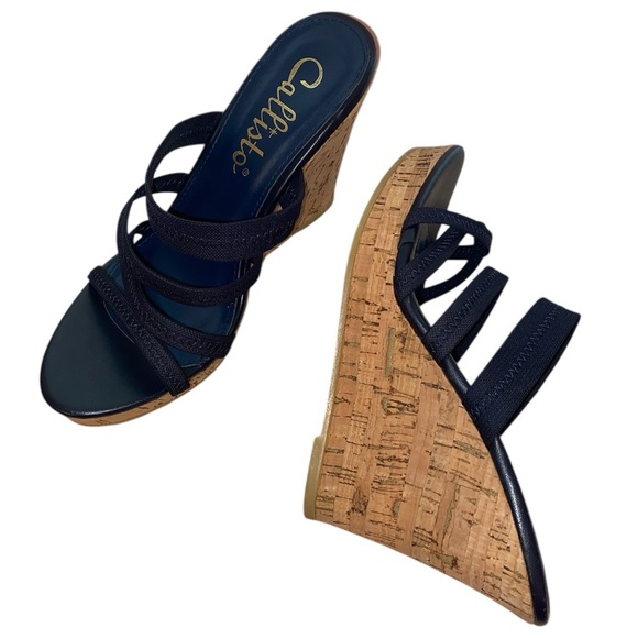 Callisto of CA Cork Wedge Slingback Sandals in Black/Tan in Size 8M - Picture 1 of 8